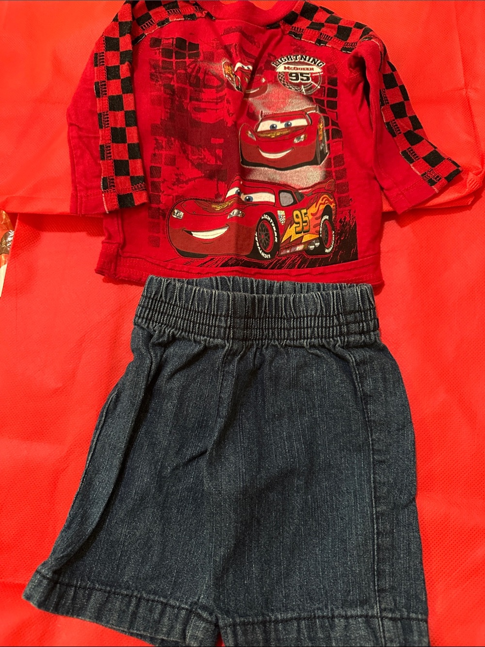 Disney Red Lightning McQueen Tee with Navy Denim Shorts